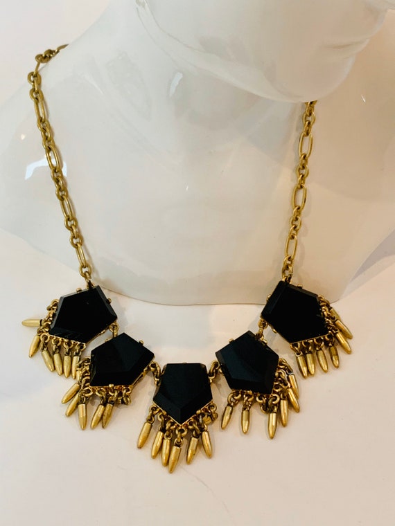 Vintage J Crew Gold Tone Deco Black Crystal Stone… - image 2