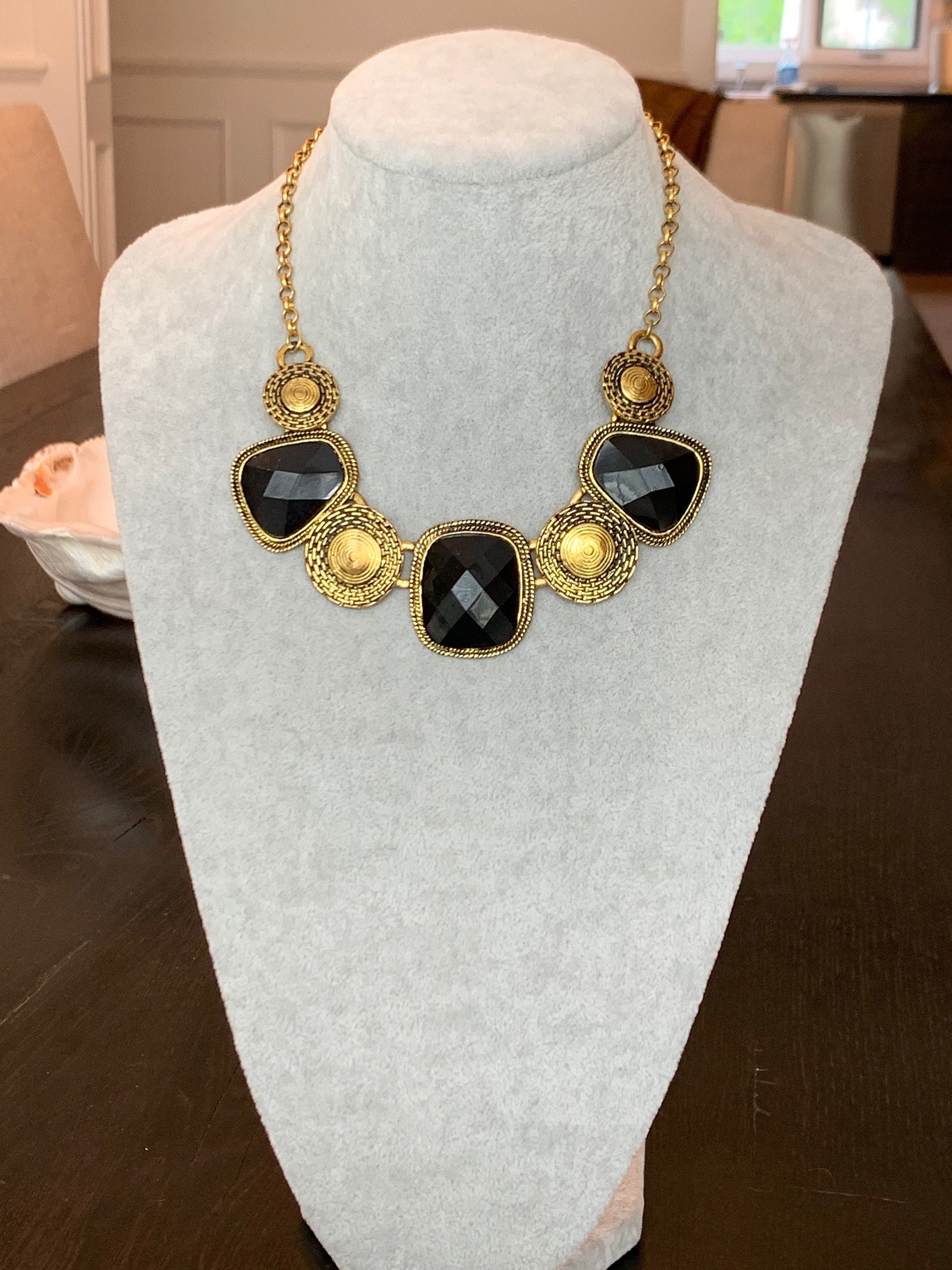INC International Concepts Gold-Tone Black Stone Bib Necklace  #2421 