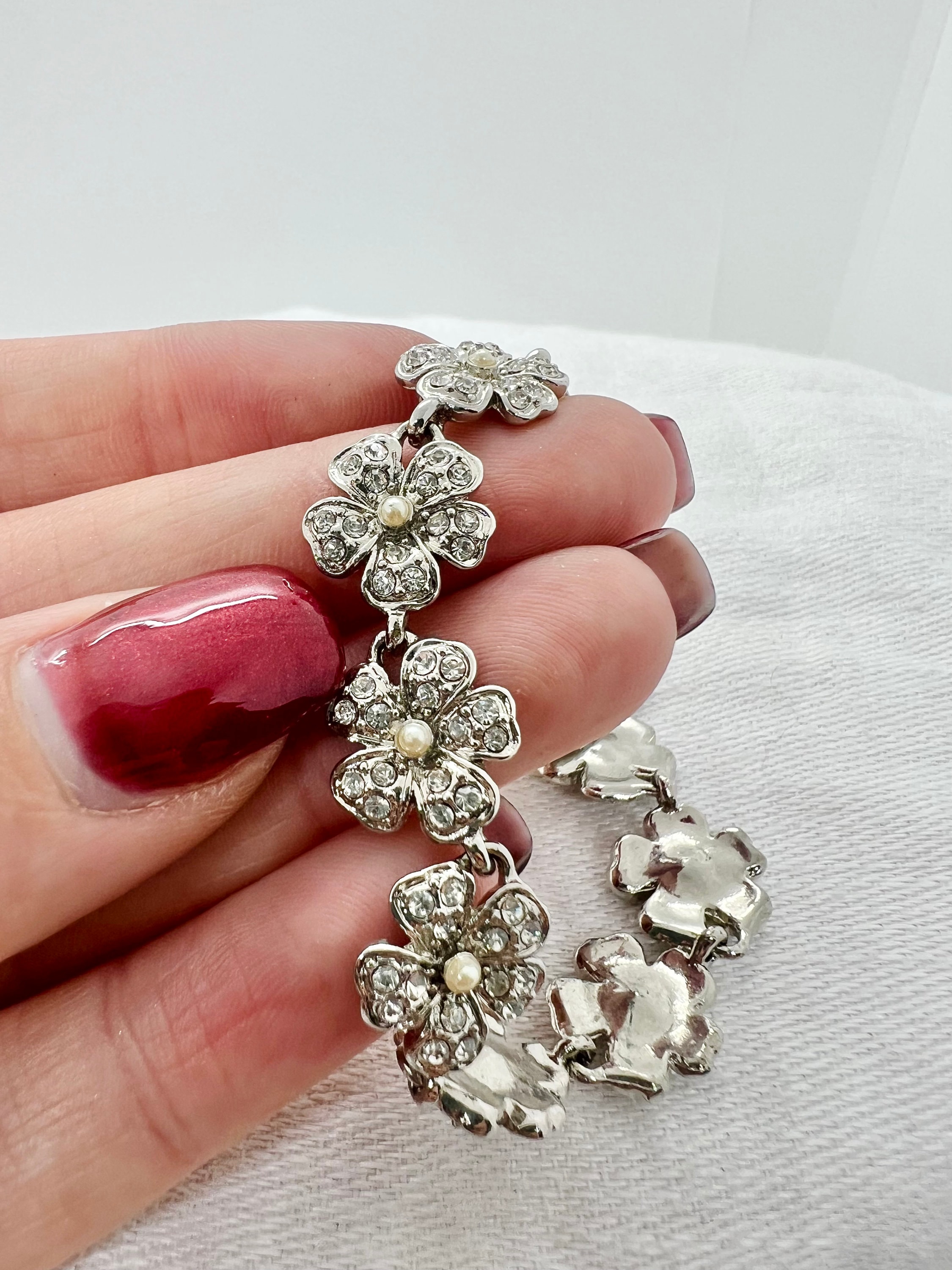 Vintage Monet Silver Tone Rhinestone and Faux Pearl Flower