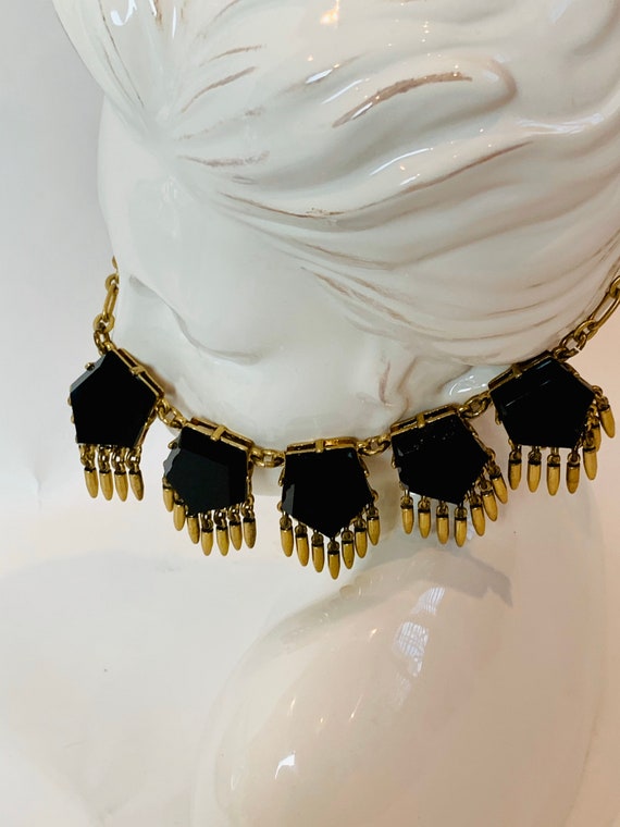 Vintage J Crew Gold Tone Deco Black Crystal Stone… - image 4