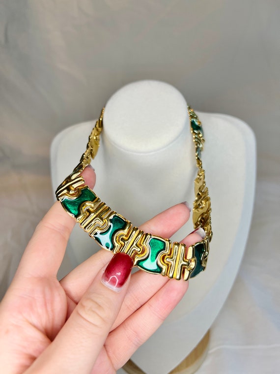Vintage Gold Tone Monet Necklace with Green Ename… - image 2