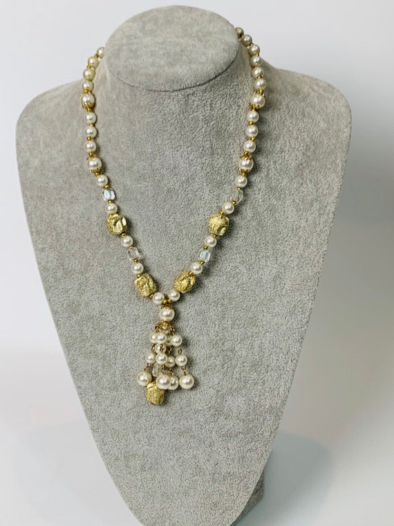 Vintage Faux Pearl Crystal and Gold Beaded Tassle… - image 1