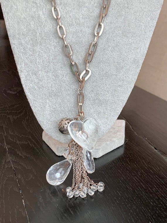 Vintage Silver Tone Lucite Heart Charm Necklace - image 1
