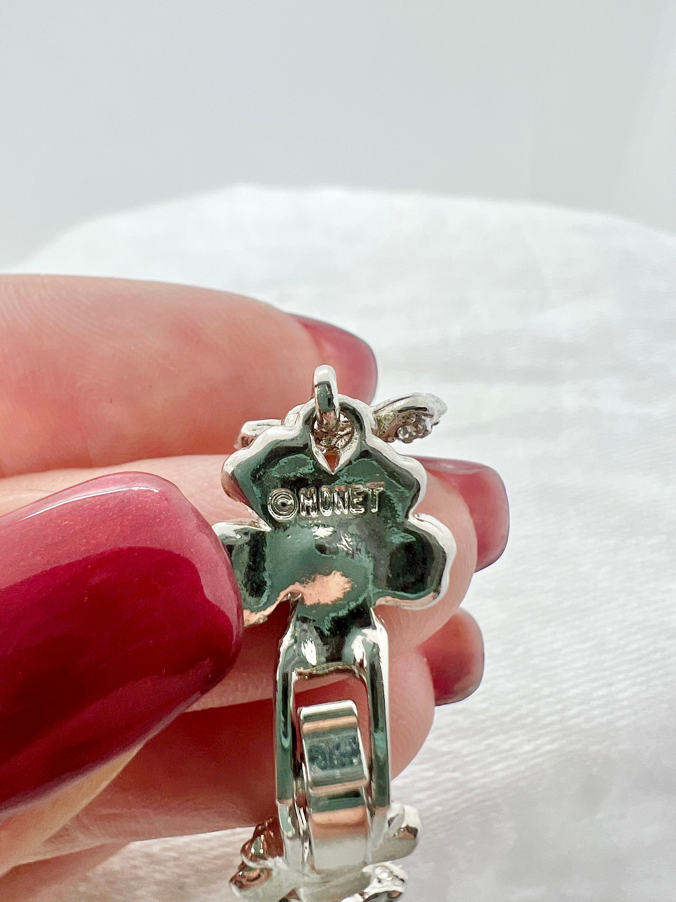 Vintage Monet Silver Tone Rhinestone and Faux Pearl Flower