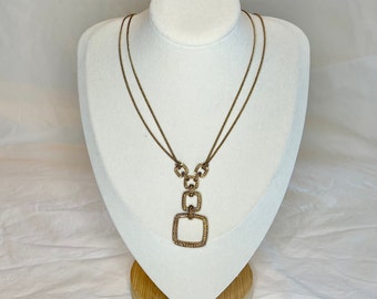 Vintage Gold Tone Monet Double Strand Square Pendant Necklace