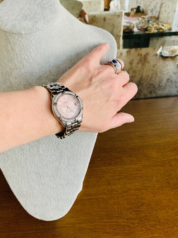 Vintage Guess Chunky Silver Tone Watch With Rhinestone Bezel
