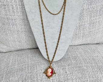 Vintage Coro Double Strand Gold Tone Chain Necklace with Large Cameo Pendant