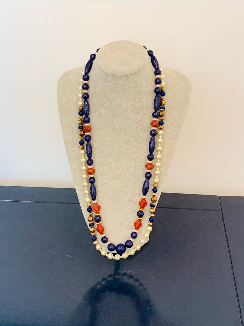 Vintage Pair of Gold Tone Patriotic Red White and Blue Beaded and Pearl Single Strand Necklaces