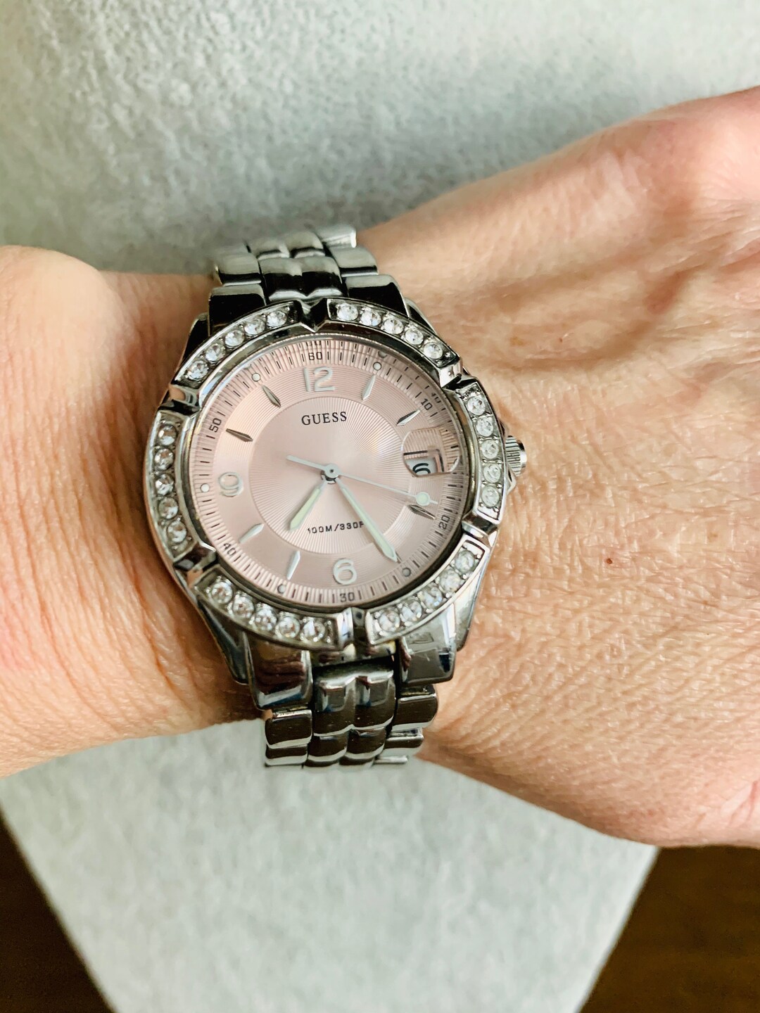 Vintage Guess Chunky Silver Tone Watch With Rhinestone Bezel Pale Pink Face Etsy Canada
