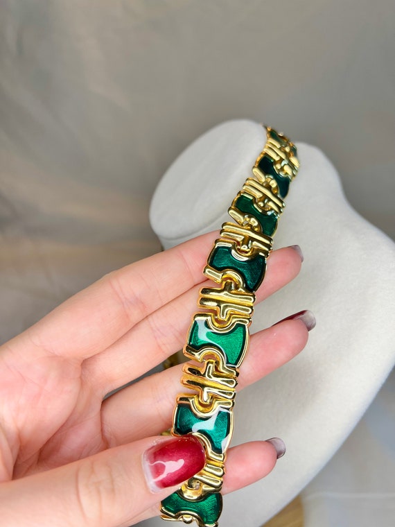 Vintage Gold Tone Monet Necklace with Green Ename… - image 3