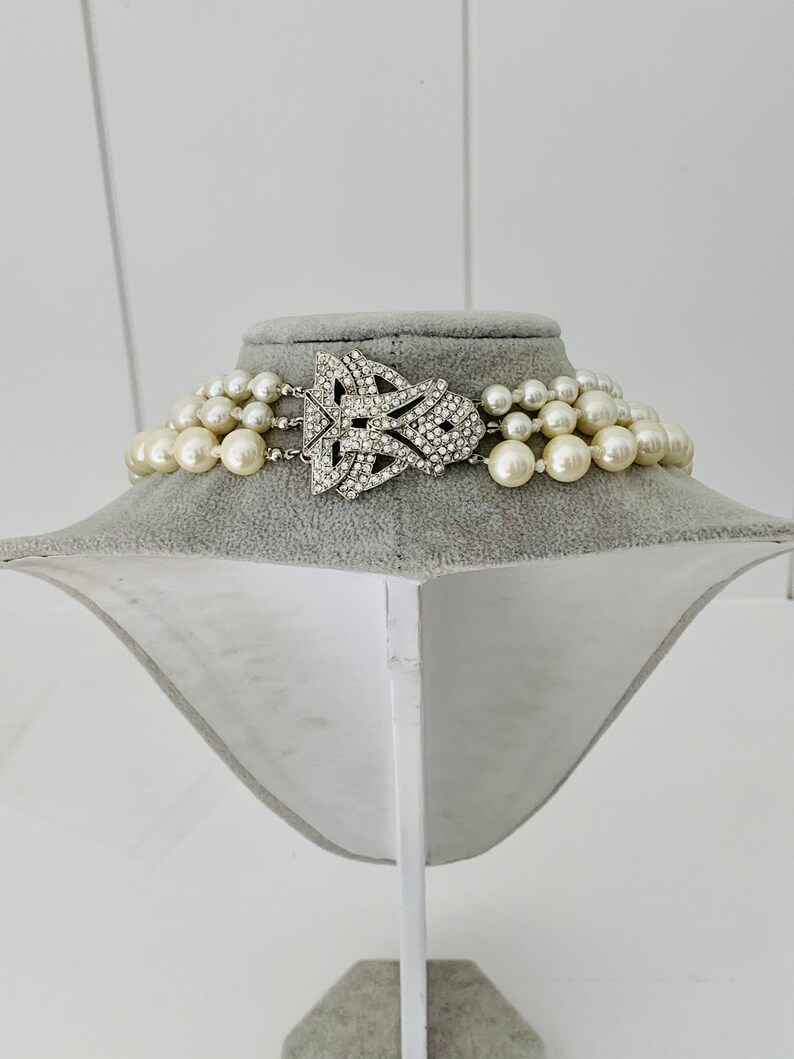 Vintage Silver Tone Multi Strand Faux Pearl Necklace with Deco Rhinestone Clasp