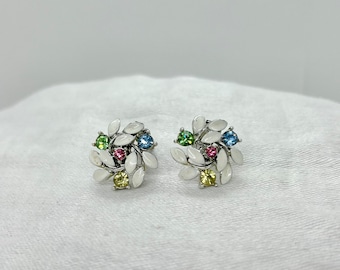 Vintage Lisner Silver Tone Multi Color Rhinestones with White Enamel Clip-On Earrings