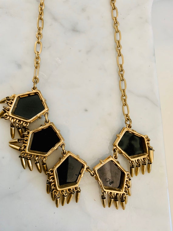 Vintage J Crew Gold Tone Deco Black Crystal Stone… - image 6