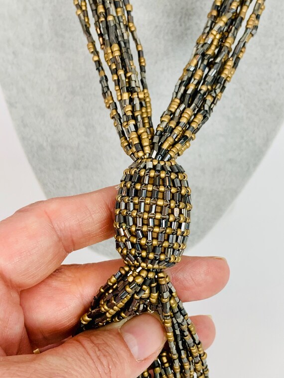 Vintage Multi Strand Gold and Gray Beaded Tassel … - image 5