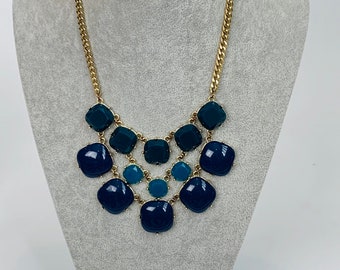 bib necklace online Vintage Three Tier Blue Stones Gold Tone Statement Bib Necklace