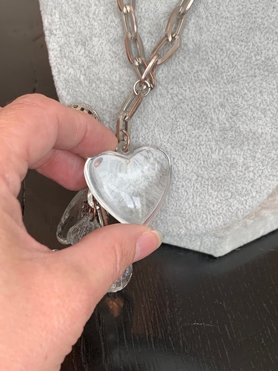 Vintage Silver Tone Lucite Heart Charm Necklace - image 6