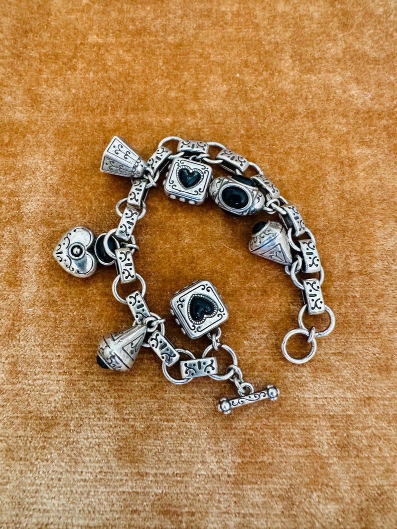 Vintage Brighton Silver Tone Heart Charm Bracelet Toggle Clasp image 3
