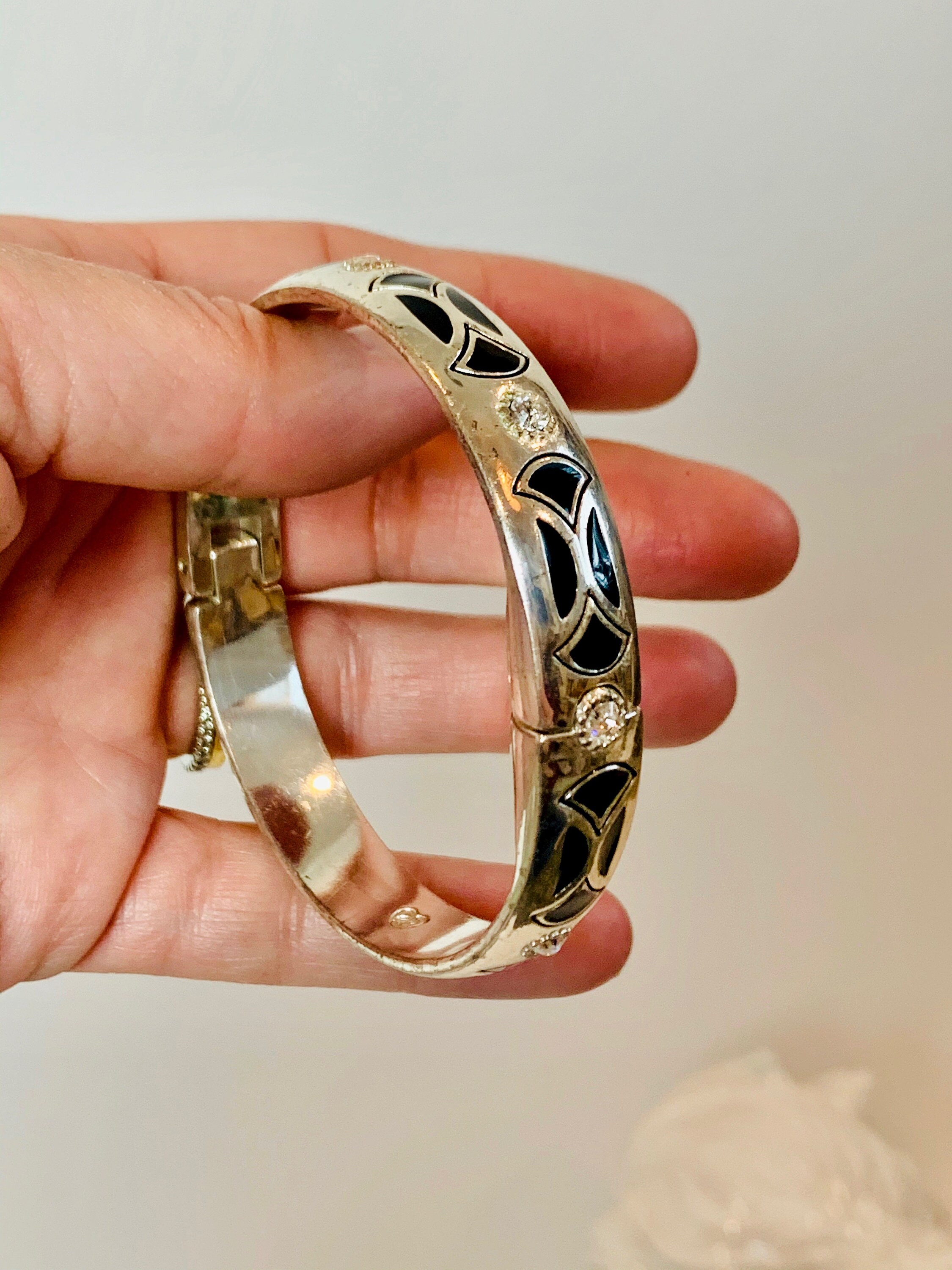 Vintage Brighton Silver Tone Hinged Bangle with Black Stones | Etsy