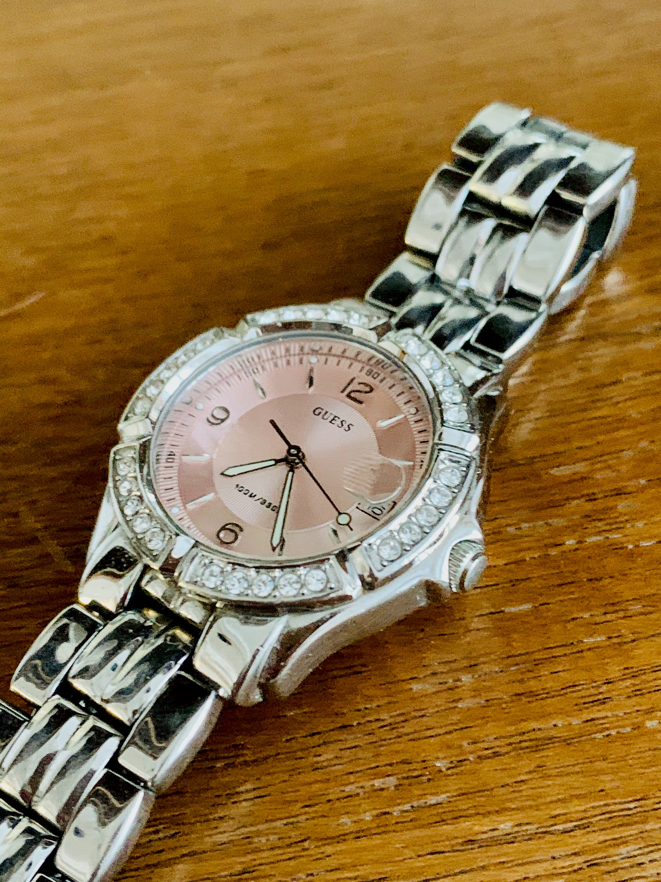 Guess Silver-Tone Bracelet Watch with Pink Dial and Crystal Accents Vintage Guess Chunky Silver Tone Watch With Rhinestone Bezel  main image 3