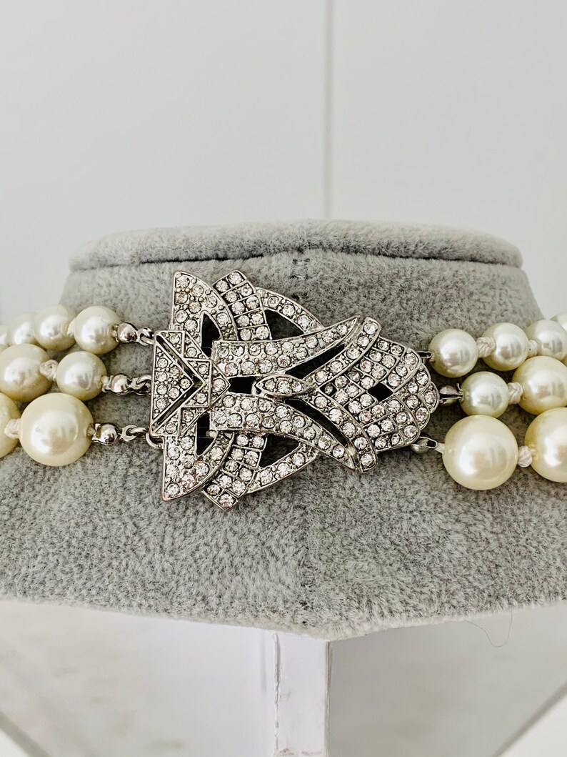 Vintage Silver Tone Multi Strand Faux Pearl Necklace with Deco Rhinestone Clasp