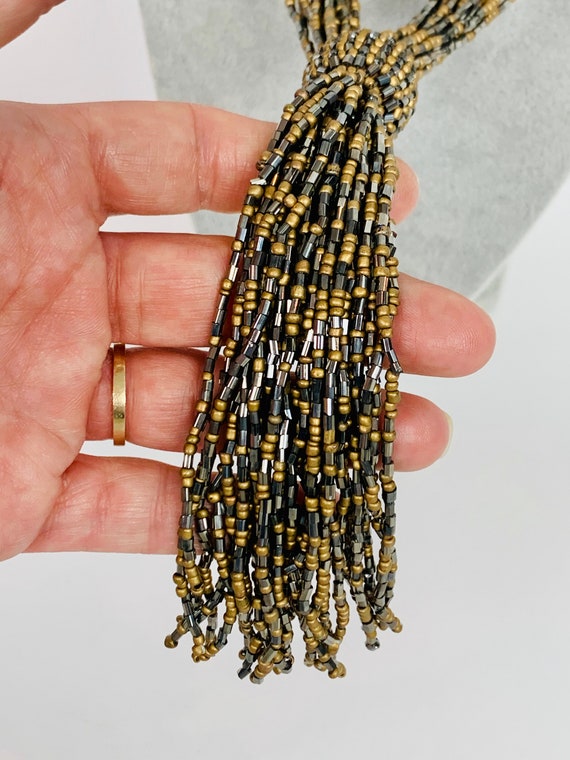 Vintage Multi Strand Gold and Gray Beaded Tassel … - image 6