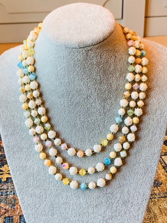 Vintage Three Strand Pale Colored Beaded Bib Neck… - image 2