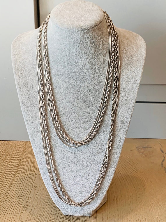 Vintage Monet Three Strand Long Silver Tone Chain 