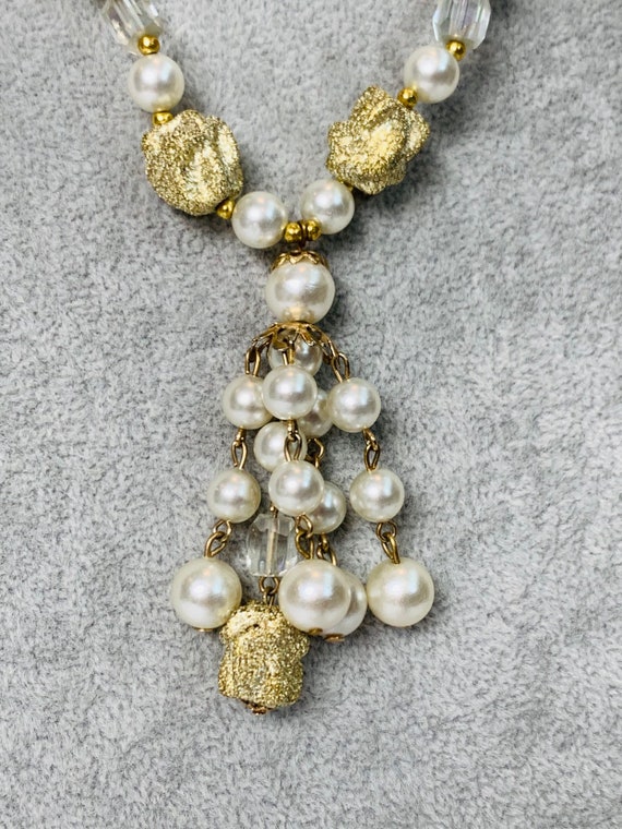 Vintage Faux Pearl Crystal and Gold Beaded Tassle… - image 3