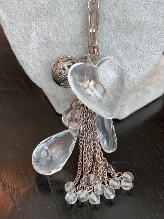 Vintage Silver Tone Lucite Heart Charm Necklace - image 3