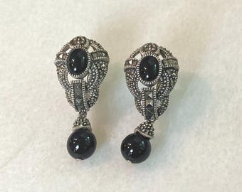 Pair of Judith Jack Sterling Silver 925 Onyx and Marcasite Dangling Post Earrings