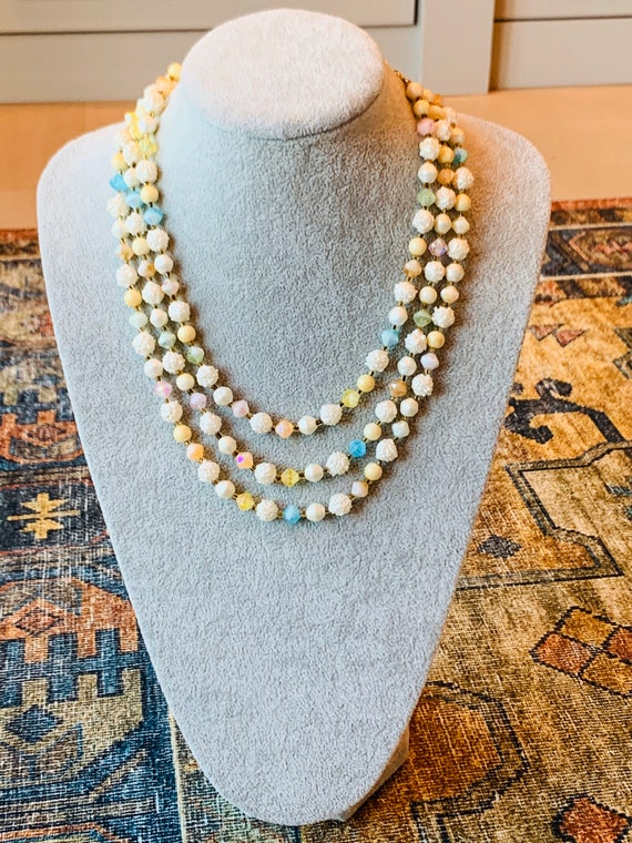 Vintage Three Strand Pale Colored Beaded Bib Neck… - image 1