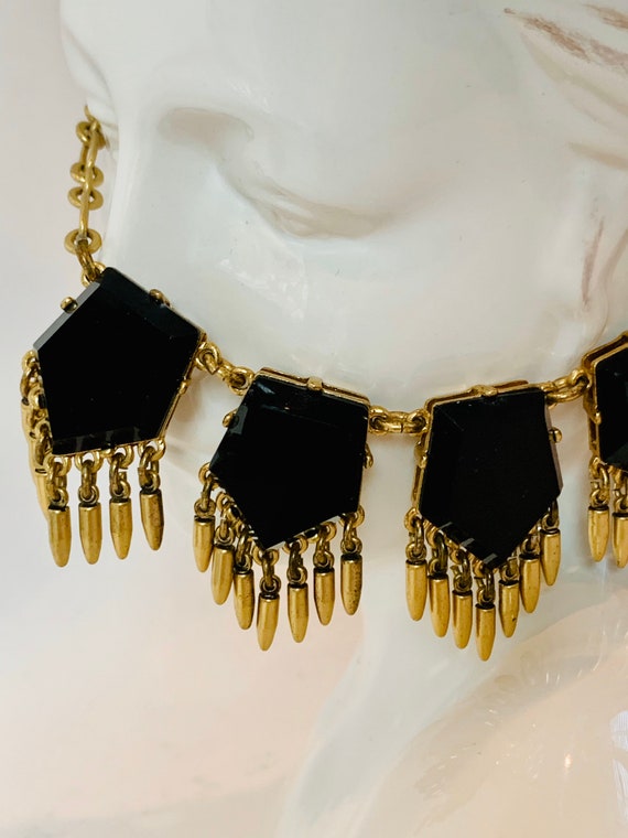 Vintage J Crew Gold Tone Deco Black Crystal Stone… - image 3