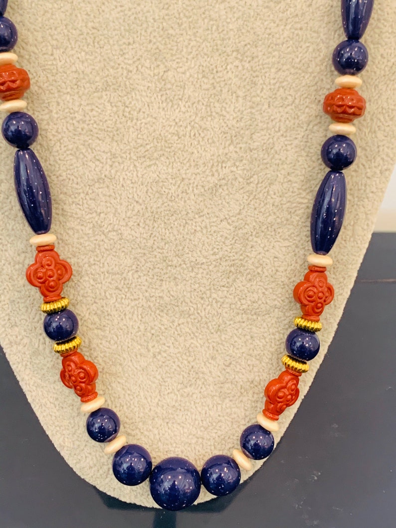 Vintage Pair of Gold Tone Patriotic Red White and Blue Beaded and Pearl Single Strand Necklaces