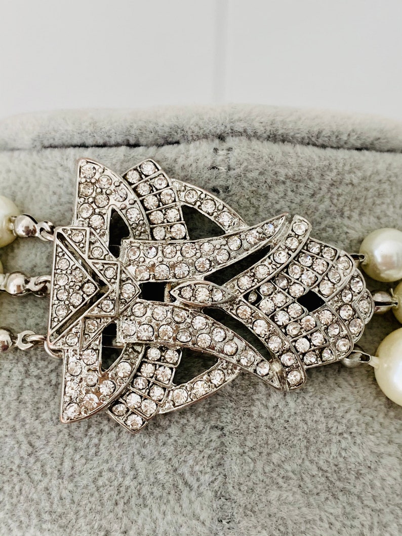Vintage Silver Tone Multi Strand Faux Pearl Necklace with Deco Rhinestone Clasp