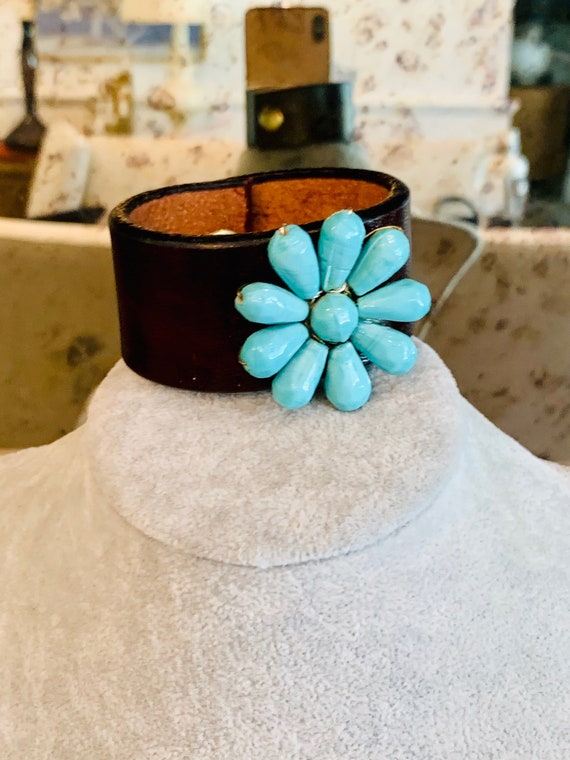 Vintage Leather and Faux Turquoise Flower Thick Cu