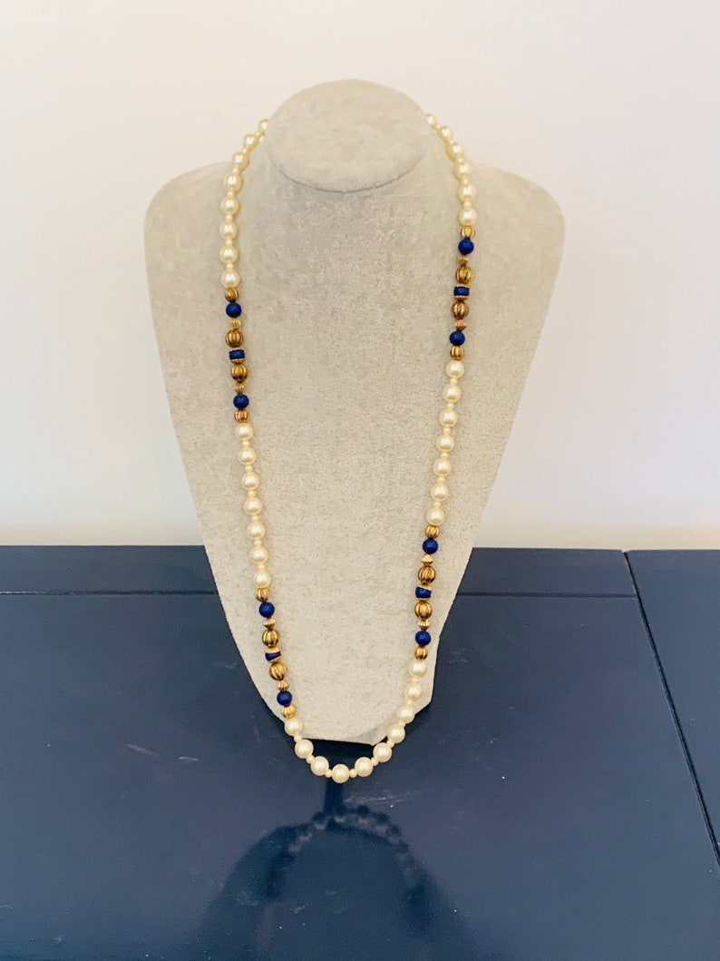 Vintage Pair of Gold Tone Patriotic Red White and Blue Beaded and Pearl Single Strand Necklaces