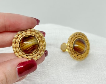 Vintage Kate Hines Gold Tone Clip-On Earrings with Faux Tigers Eye Stone