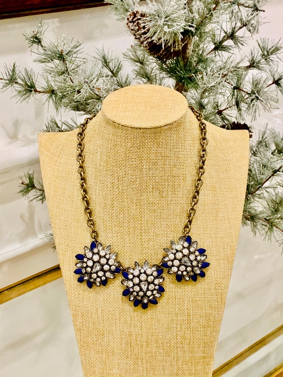 Vintage Ann Taylor Loft Deco Gold Tone Blue and Clear Rhinestone