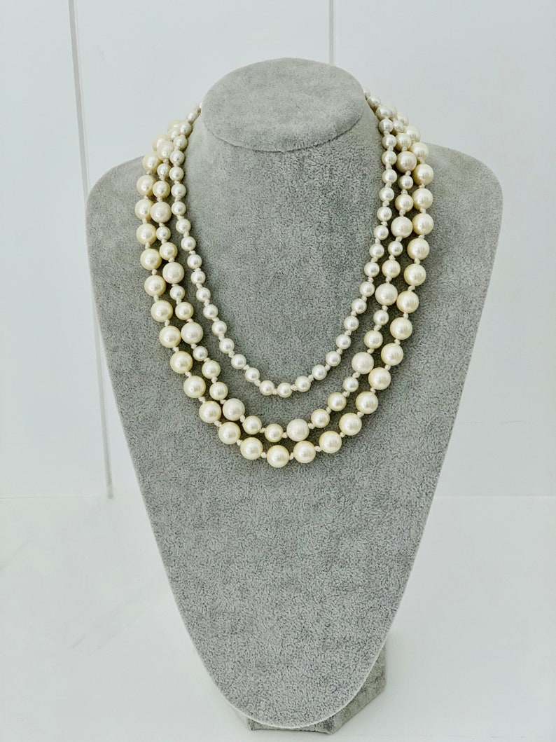 Vintage Silver Tone Multi Strand Faux Pearl Necklace with Deco Rhinestone Clasp