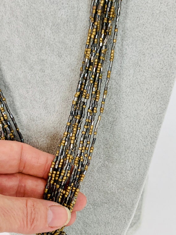 Vintage Multi Strand Gold and Gray Beaded Tassel … - image 3