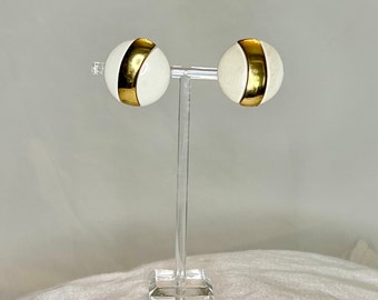 Vintage Monet Gold Tone and White Enamel Clip-On Earrings