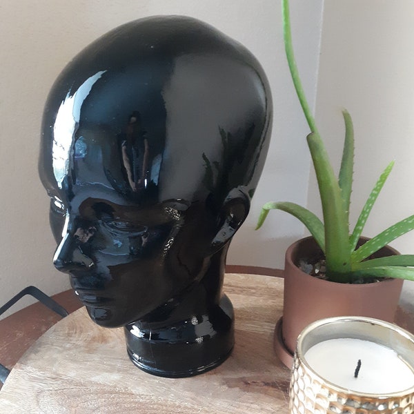 Vintage Pier 1 Black Glass Mannequin Head Hat Wig Display Decorative Made in Spain