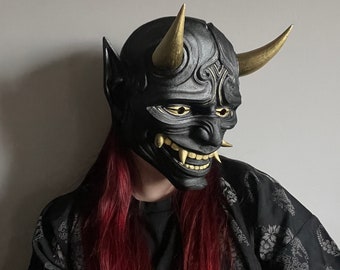 Black and gold wearable Oni mask, hannya mask, Japanese decoration, Japanese mask