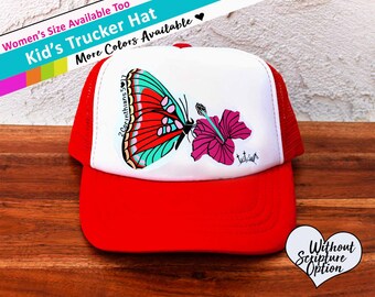 New Creation Girl's Trucker Hat with Bright Red Butterfly and Magenta Hibiscus | girl's hat | tropical | butterfly | Christian hat | VBS