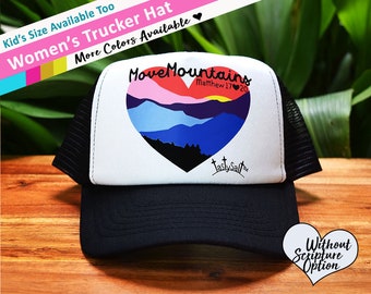 Move Mountains Bright Sunset Ladies' Trucker Hat /Christian hat, Christian apparel, women's hat, women's trucker hat, Christian trucker hat