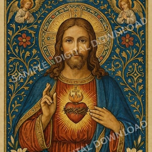Arte del Sagrado Corazón de Jesús, decoración católica para el hogar (descarga digital)