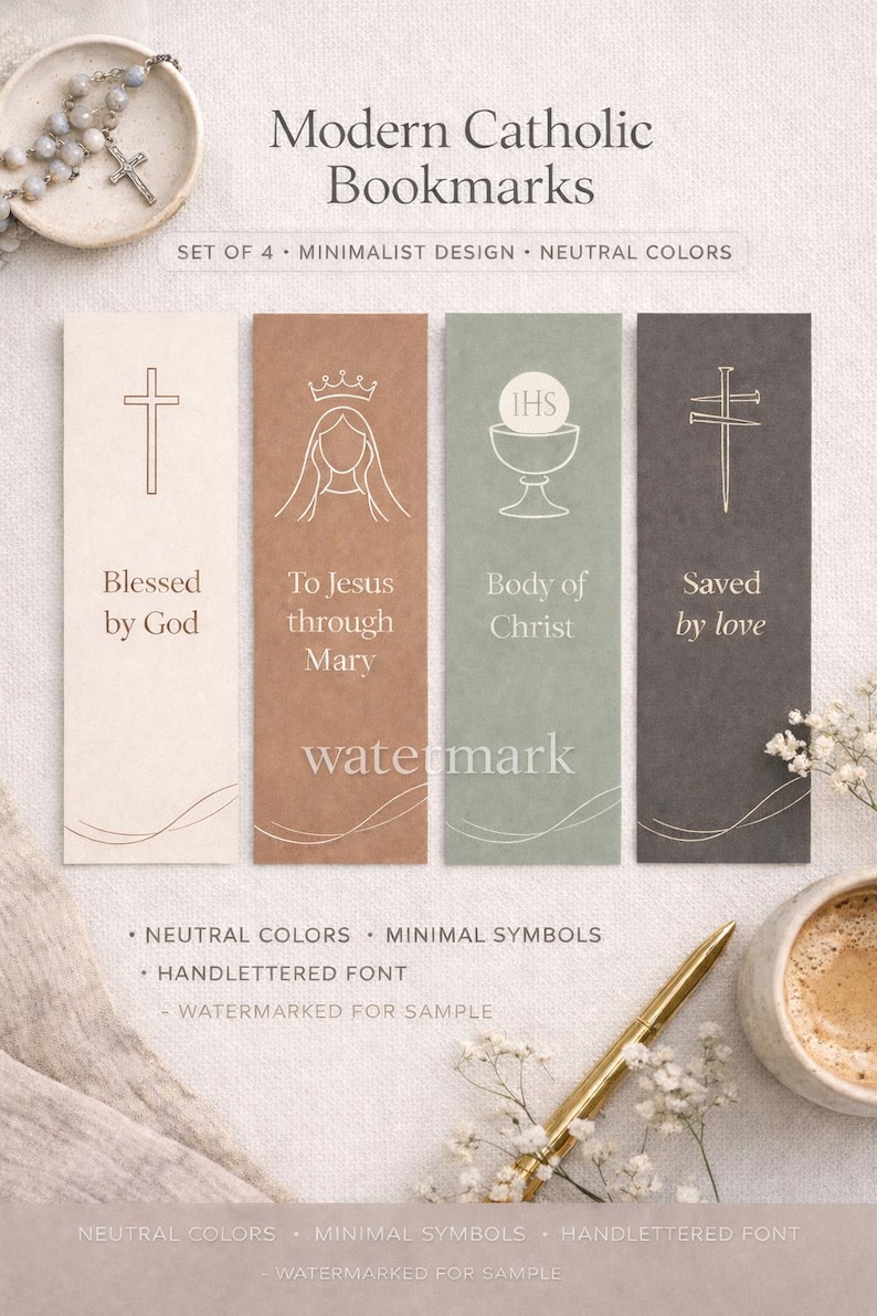 Minimalist Catholic Bookmarks Set | Neutral Christian Gift (digital ...