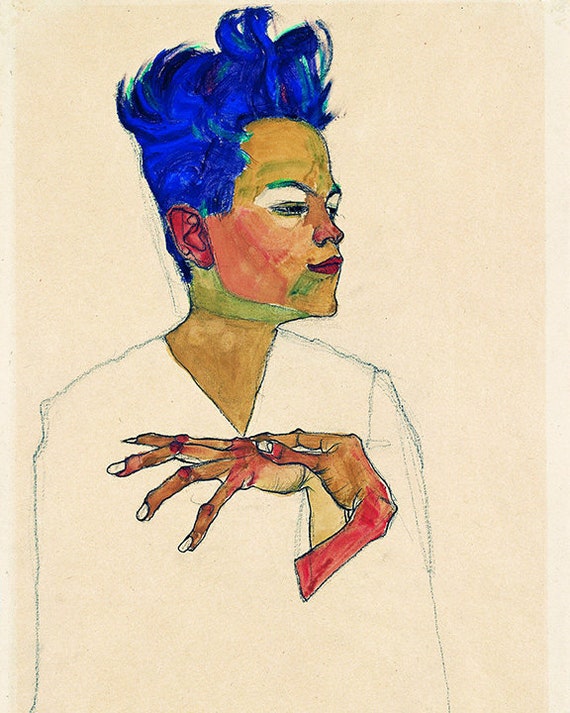 Egon Schiele Self Portrait With Hands On Chest 1910 Blue Etsy