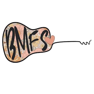 May include: A black and white illustration of a guitar with a floral pattern and the word "BMFS" inside. A small pink heart is on the guitar's neck.