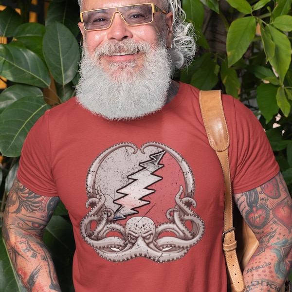 The Dead, Grateful Octopus Distressed Lot T-Shirt, Fan Art, Comfort Colors, Unisex Tee Retro Red and Grey